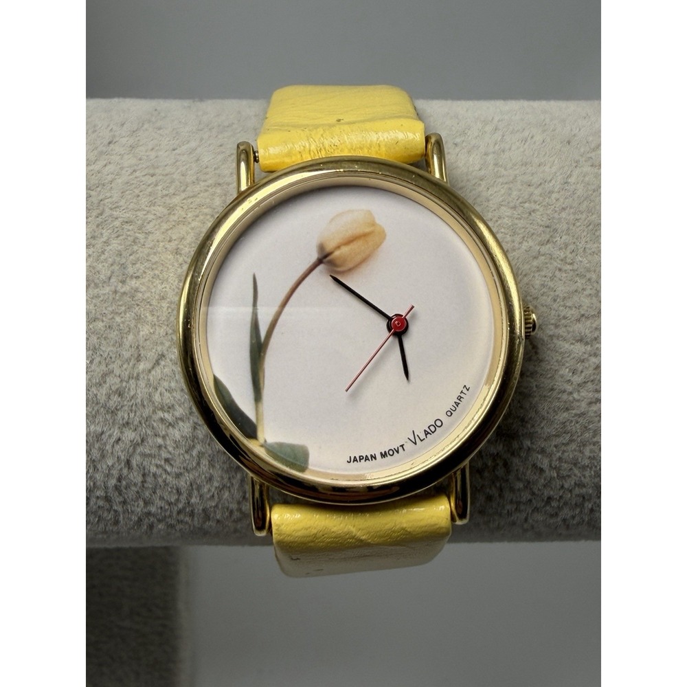Vlado New Battery Ladies Tulip Watch 31MM 7.5" Yellow Leather Band Vintage